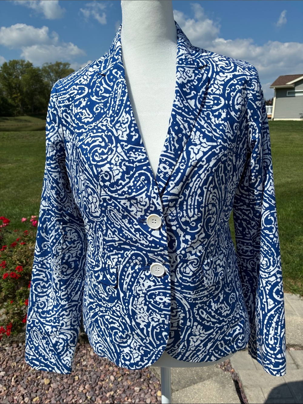 Talbots Blue & White Paisley-Print Cotton Blazer 2P